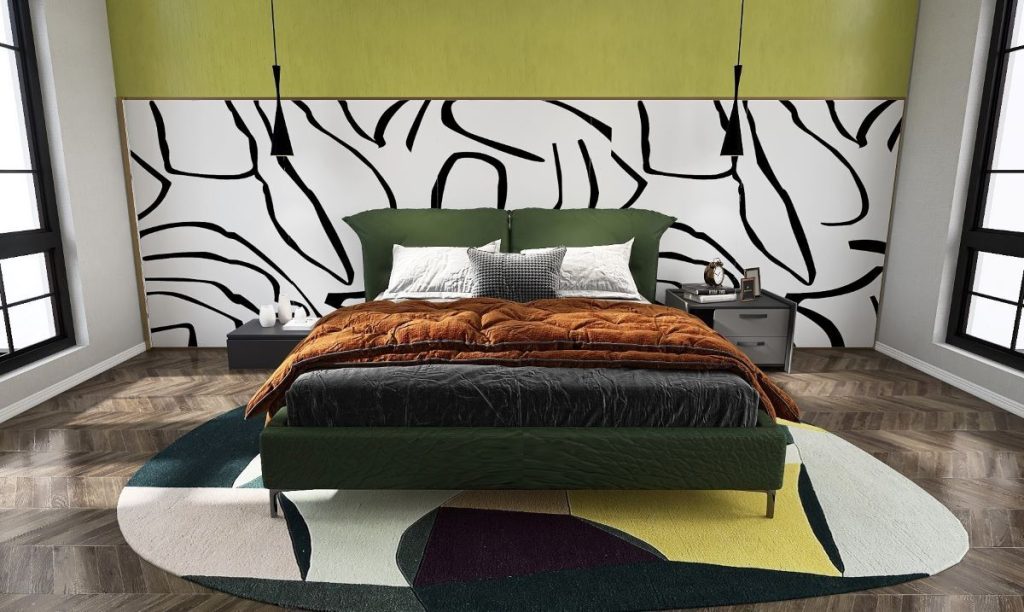 Abstract and lime green accent wall bedroom sample mockup by Homilo
