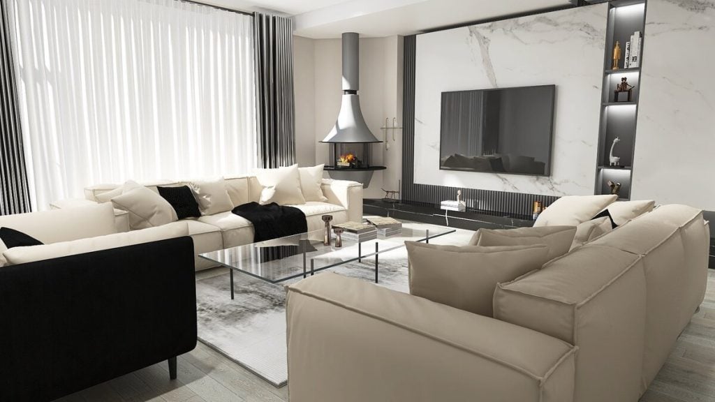 Living room corner fireplace ideas with two sofas, sample mockup by Homilo