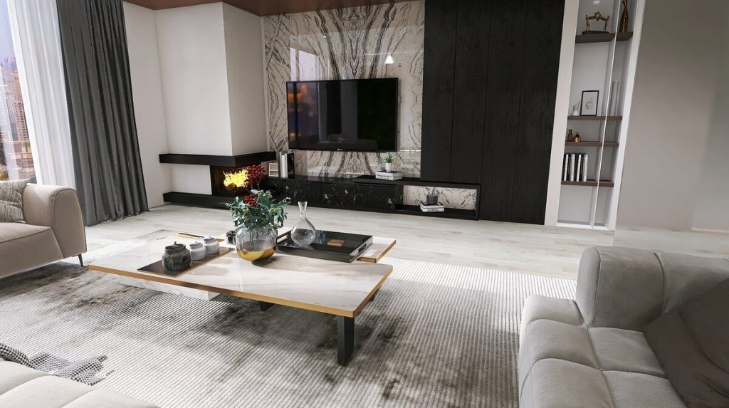 Modern living room with corner fireplace sample mockup by Homilo