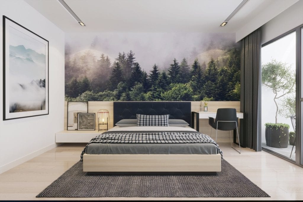 Green bedroom decor with mural