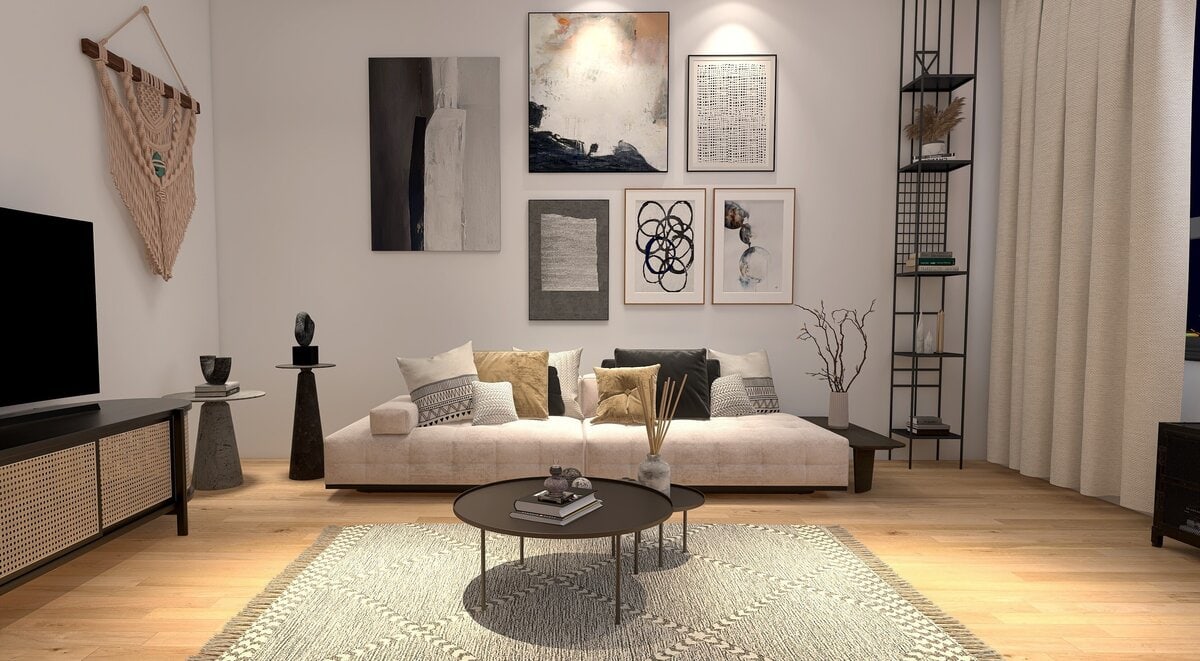 Ultra contemporary minimalist bohemian living room mockup render by Homilo