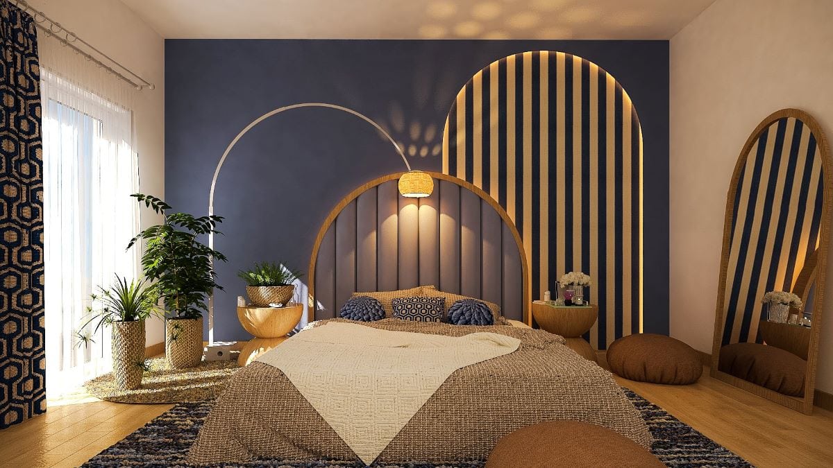 Arches over a blue bedroom accent wall by Homilo