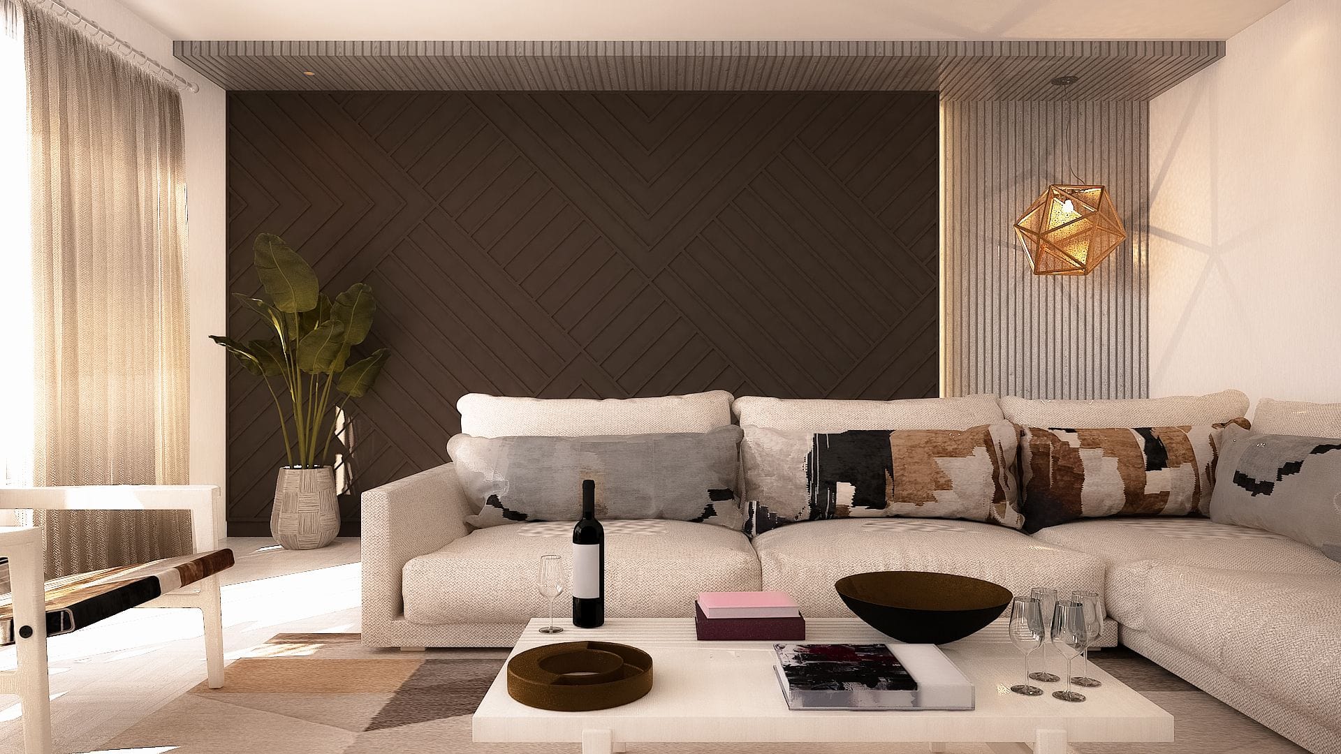 Mid-century-inspired geometric pattern layering in a living room by Homilo