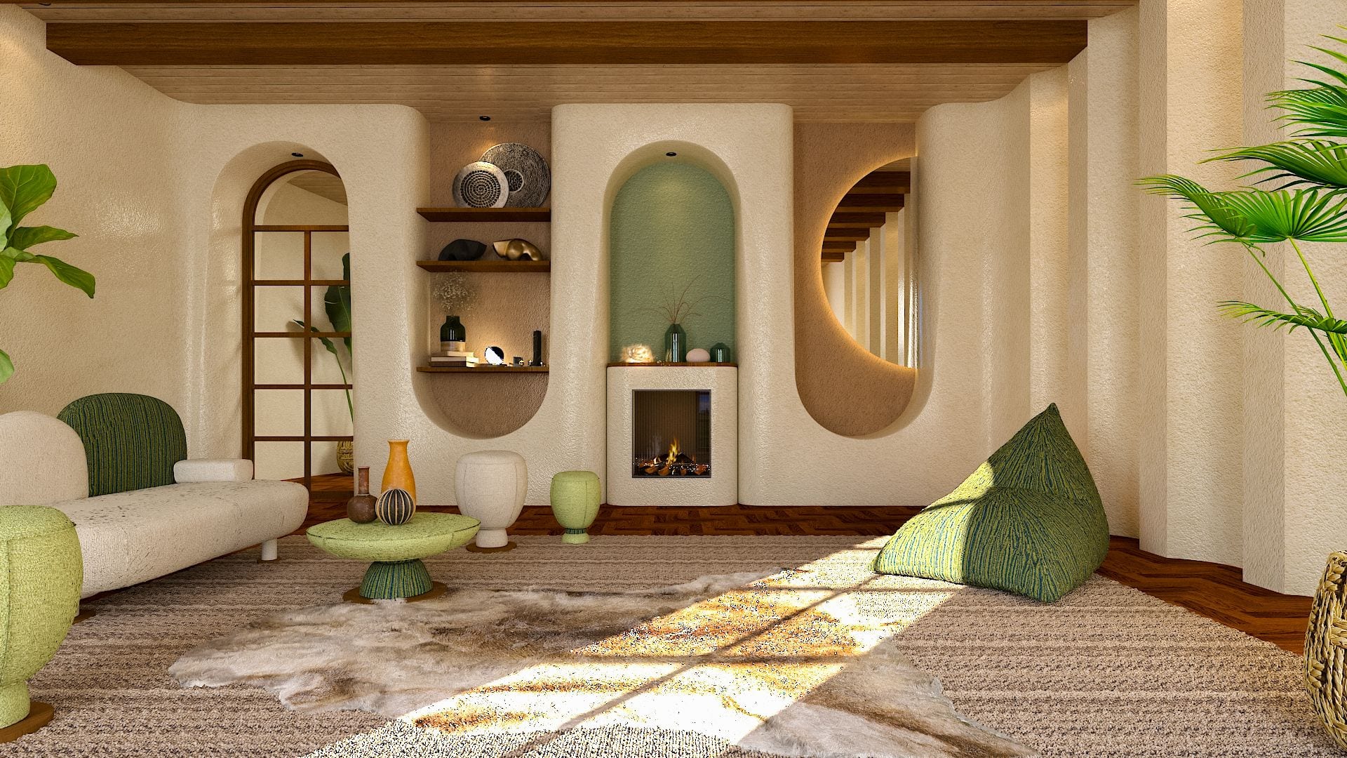 Mid-century modern curves and cocooning furniture in an organic living room by Homilo