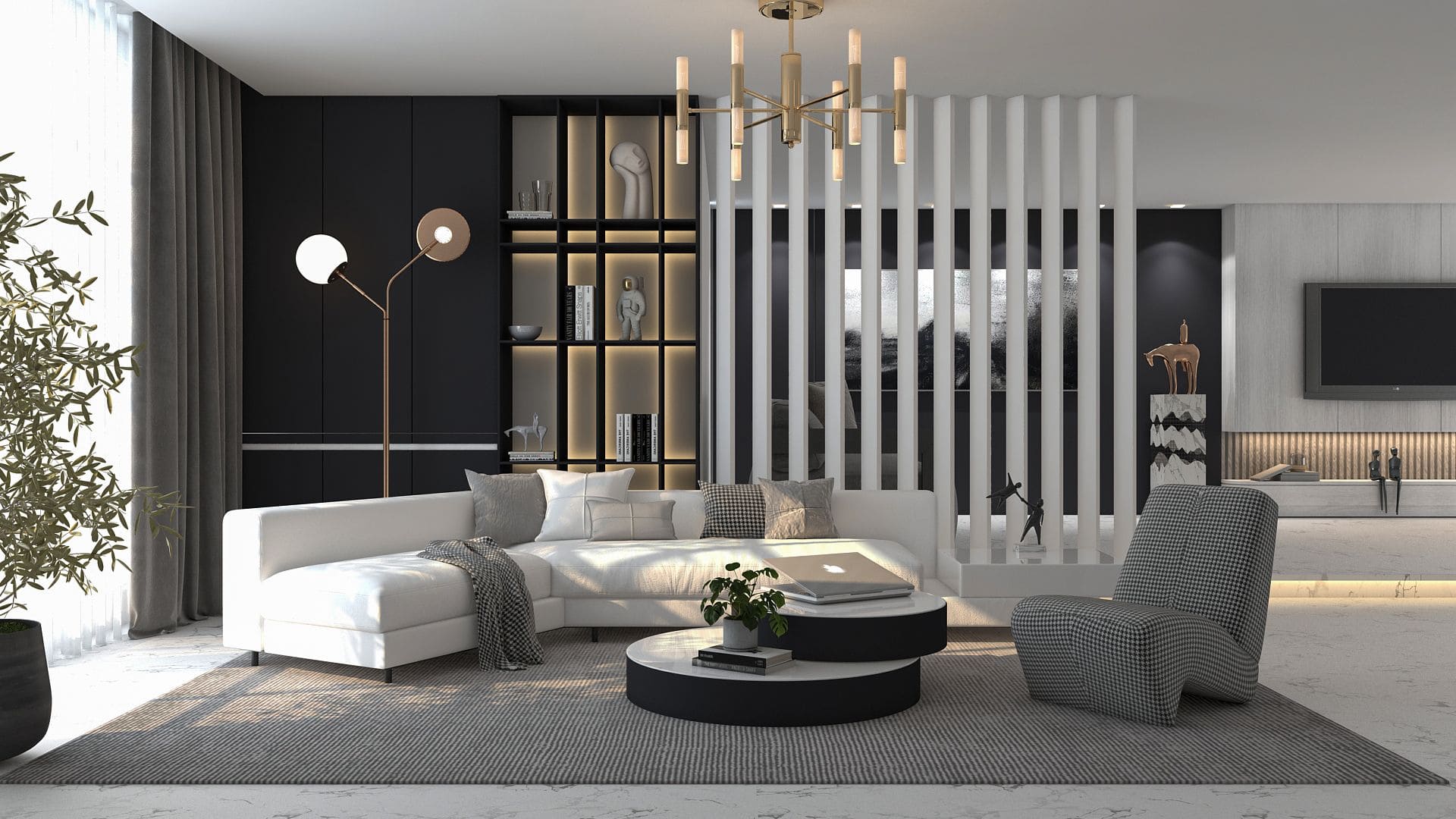 Mid-century-modern-inspired furniture in a black & white living room by Homilo