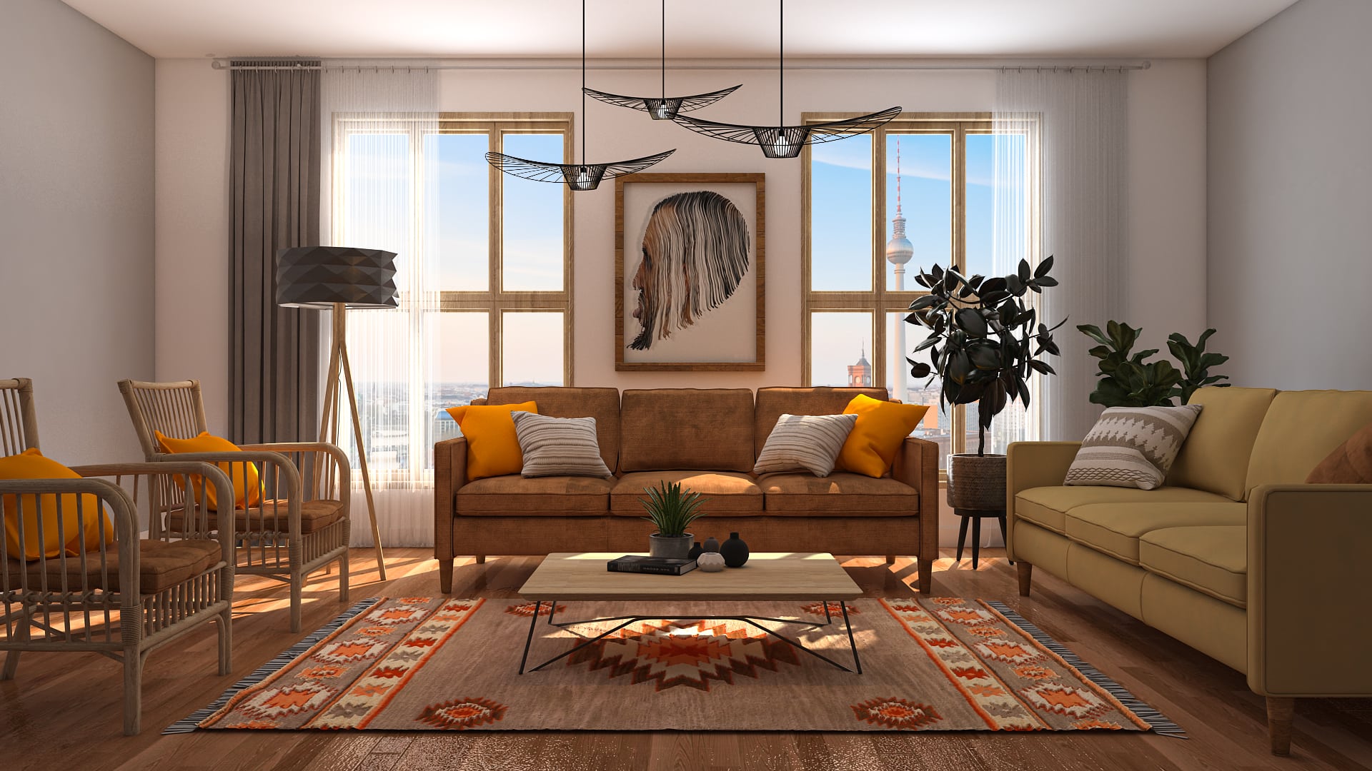 Modern boho ethnic rug in a living room by Homilo