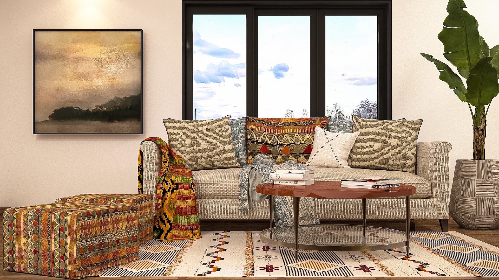 Modern boho living room decor elements mockup by Homilo