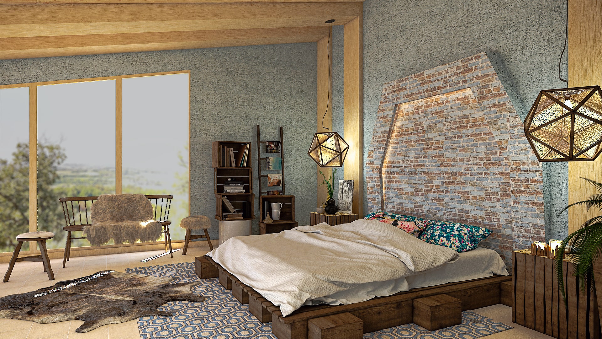 Country Chic Bedroom With Brick Headboard