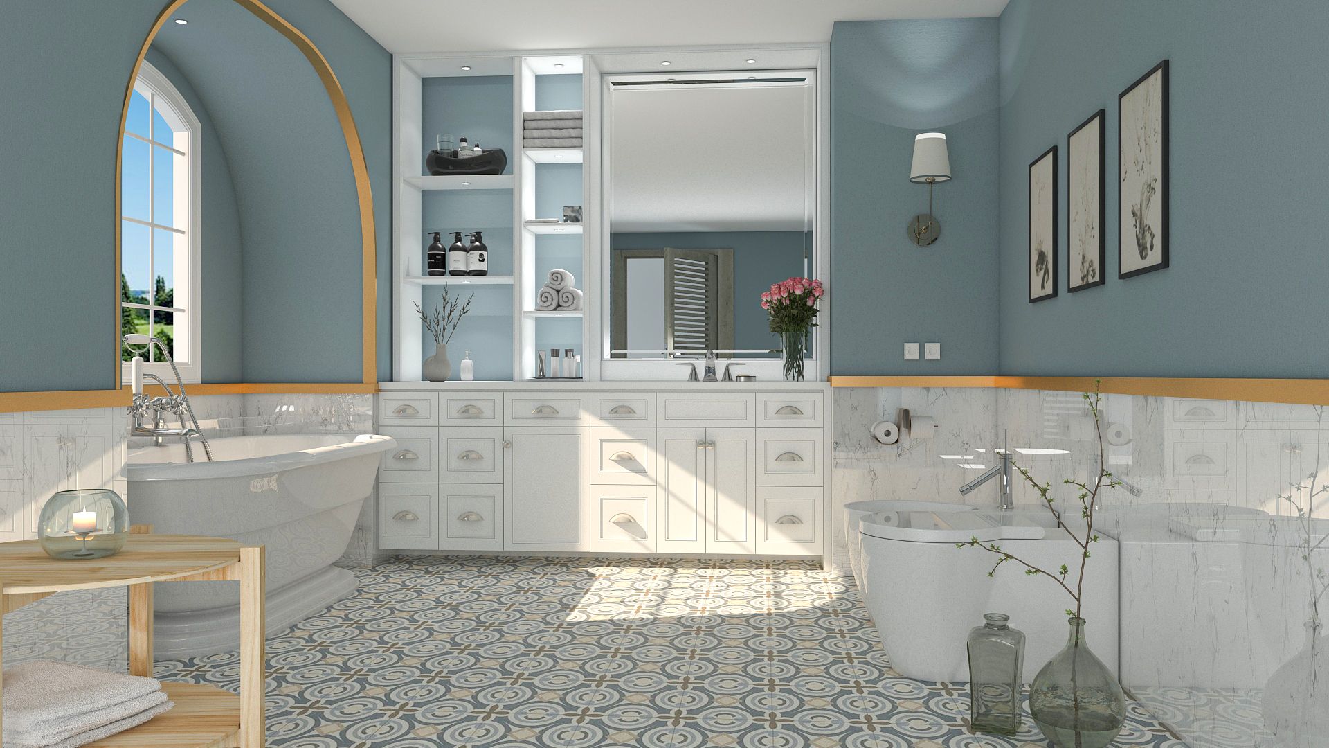 Transitional Blue Bathroom With Classic French Vogue
