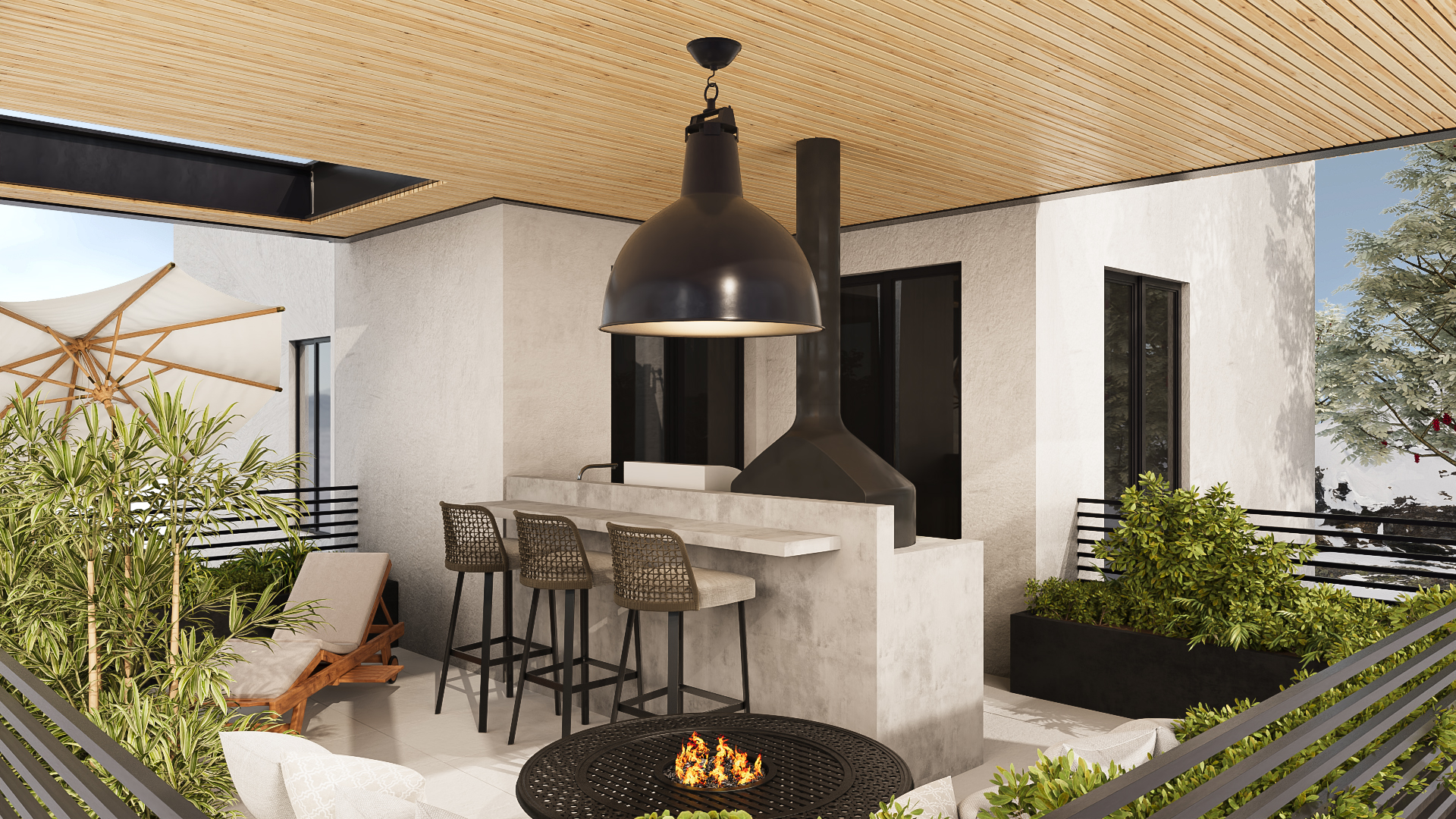 Trendy patio setup with outdoor furniture and fire pit